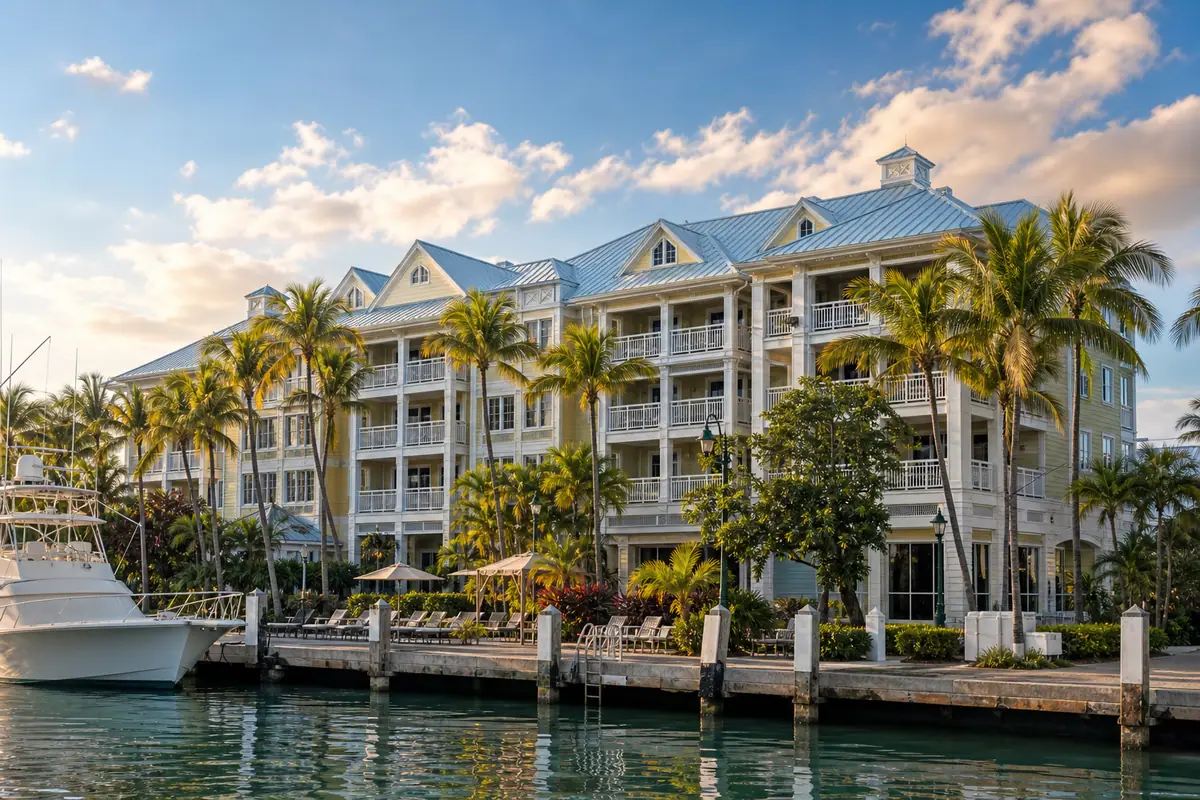 Photoreal waterfront exterior of Opal Key Resort & Marina in Key West