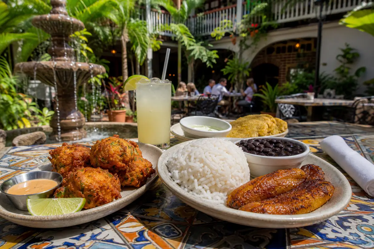 Photoreal Cuban-Key West lunch spread representing El Meson de Pepe