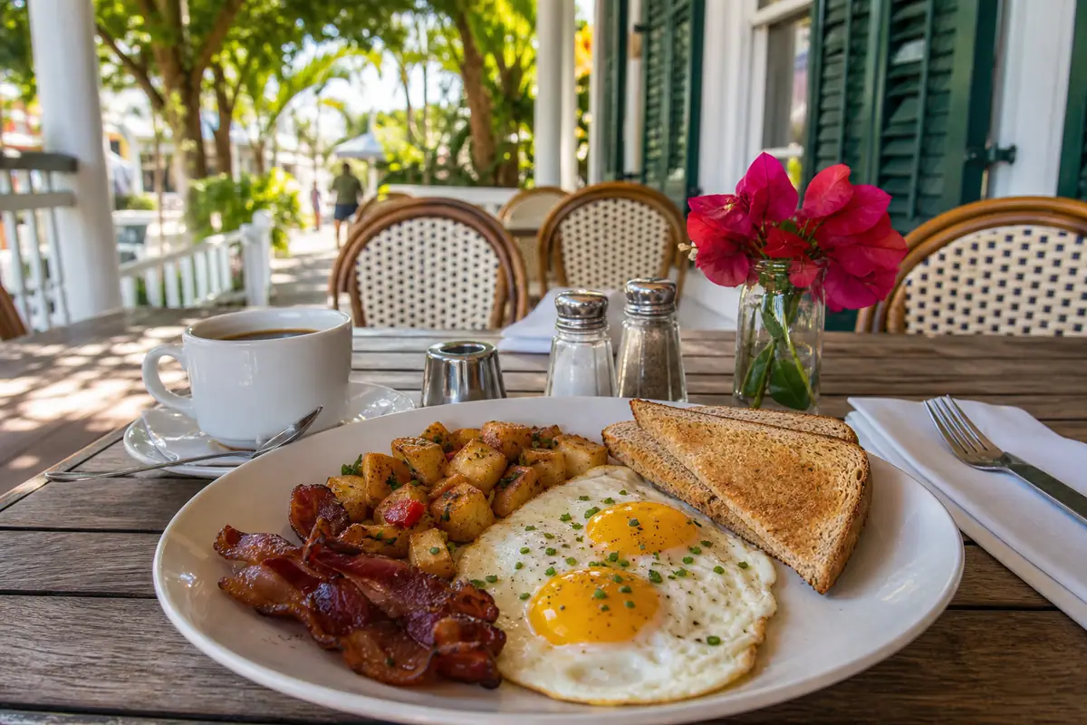 Photoreal classic breakfast scene representing Pepe's Cafe in Key West