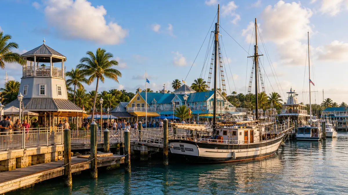 Photoreal Key West Historic Seaport with classic boats and colorful harborfront in daylight