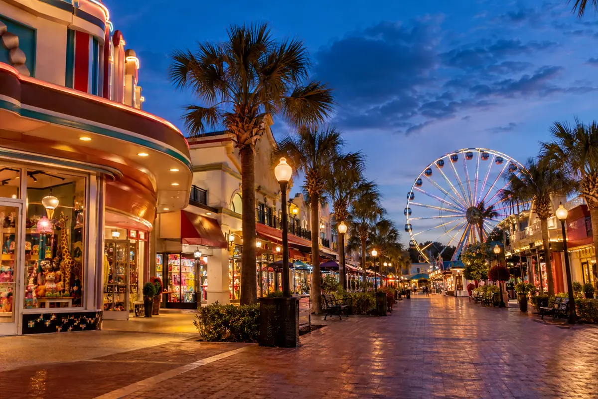 Photoreal travel-editorial view of Old Town Entertainment District in Kissimmee, Florida