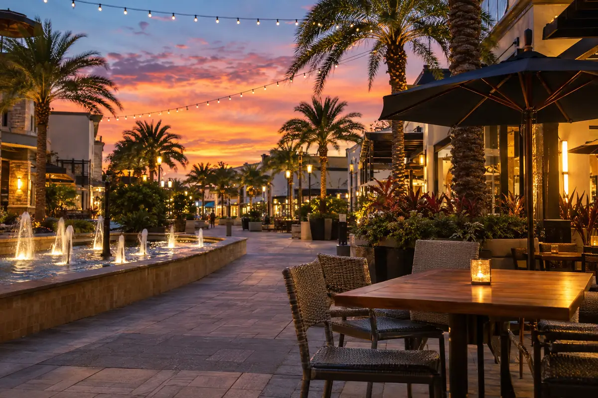 Photoreal travel-editorial view of Promenade at Sunset Walk in Kissimmee, Florida