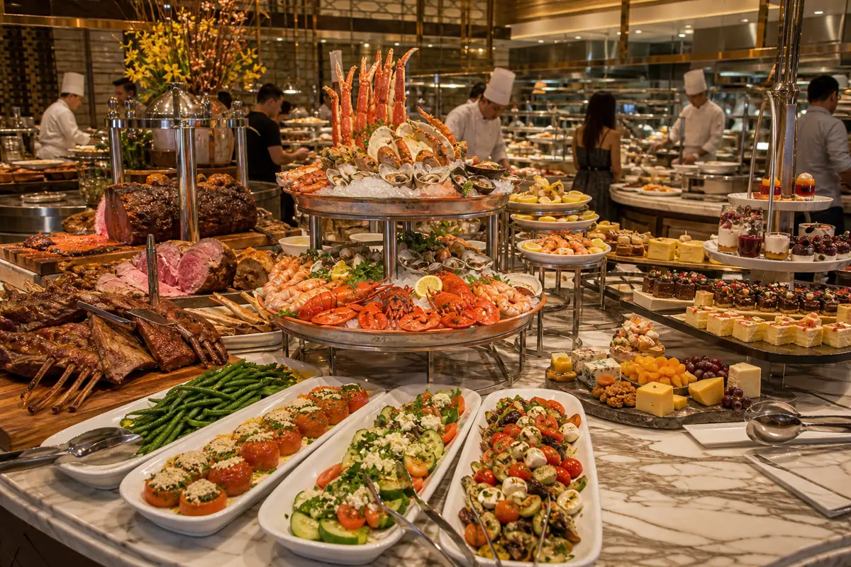 Photoreal Bacchanal Buffet spread in Las Vegas