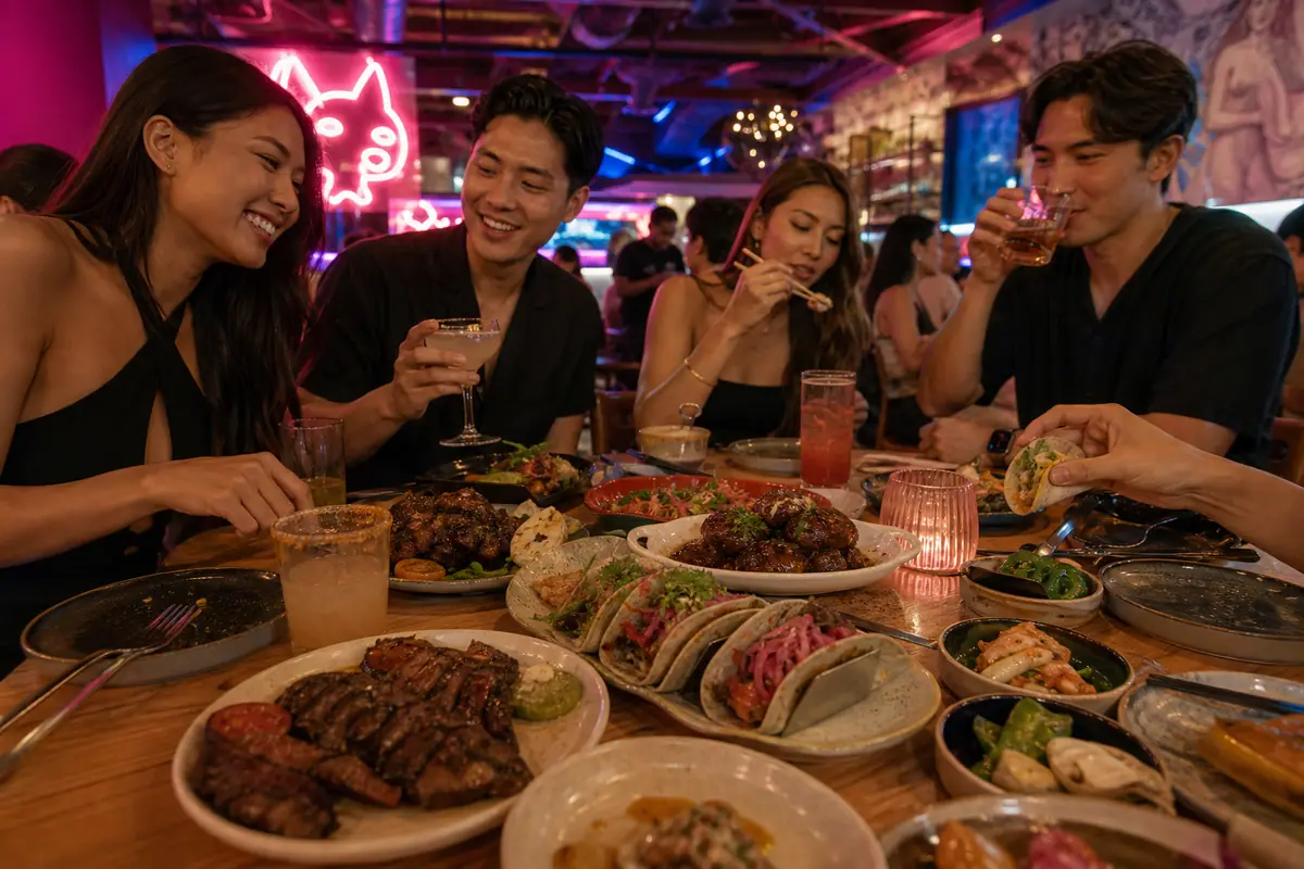 Photoreal Best Friend fusion dinner scene in Las Vegas