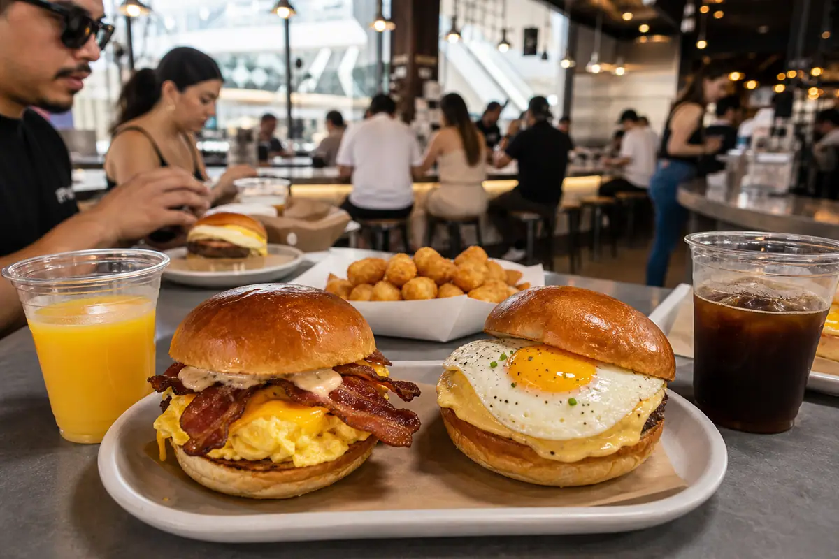 Photoreal Eggslut breakfast sandwich scene in Las Vegas
