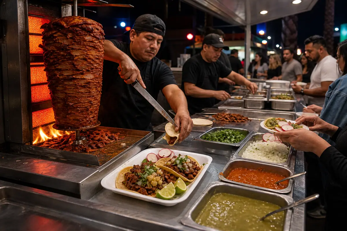 Photoreal Tacos El Gordo adobada taco scene in Las Vegas