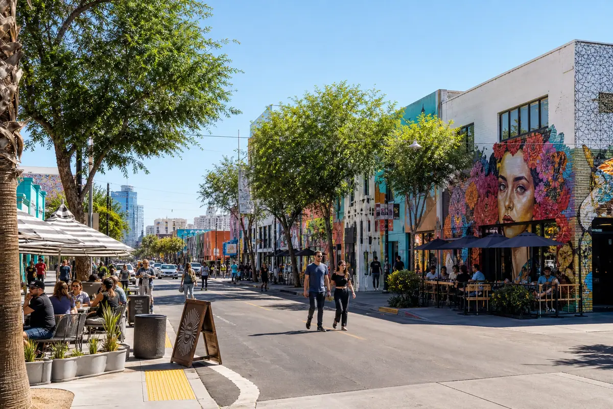 Photoreal Las Vegas Arts District street with murals, patios, and low-rise storefronts in daylight