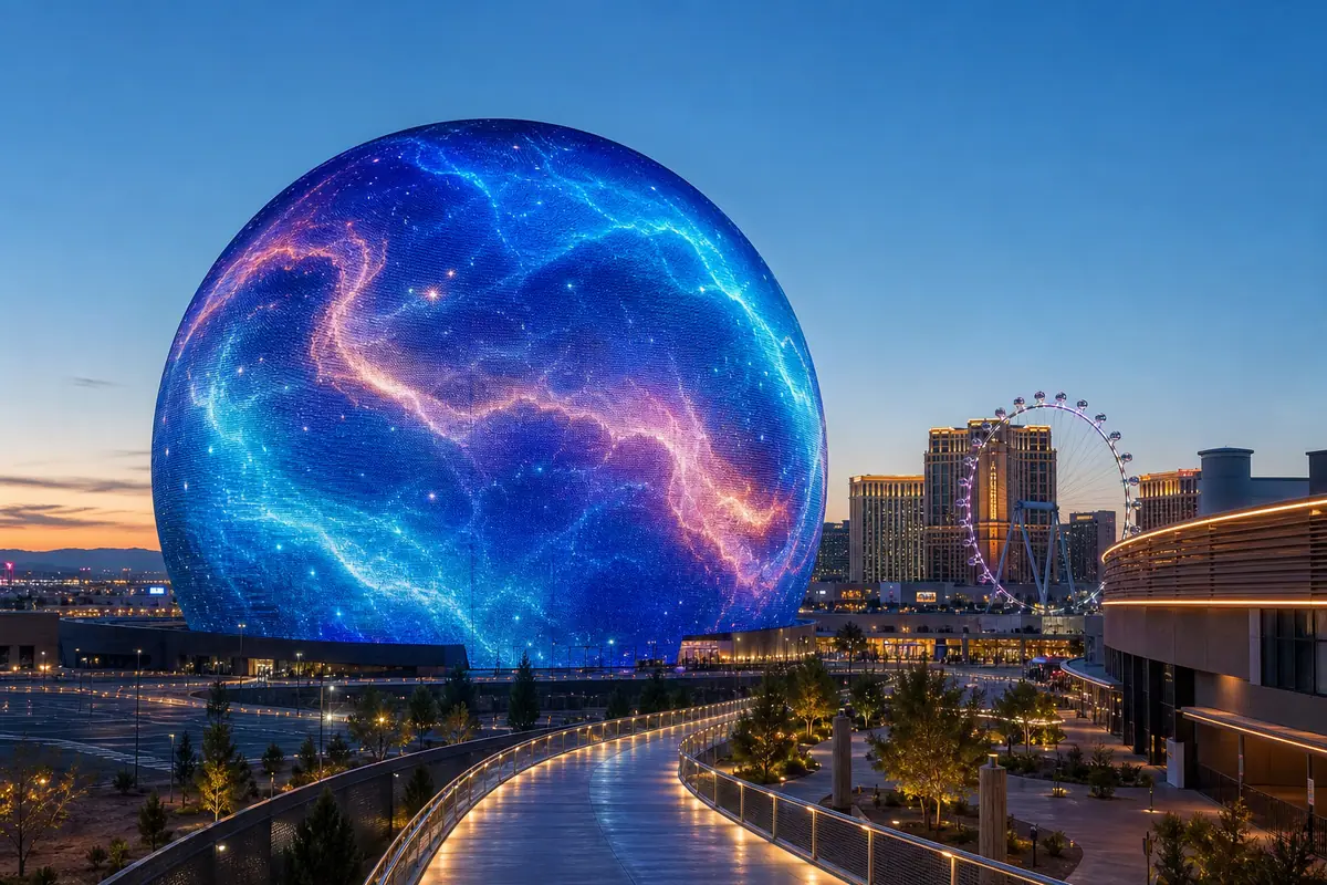 Photoreal Las Vegas Sphere glowing at blue hour with surrounding pedestrian plaza and resort skyline