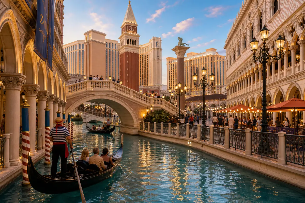 Photoreal The Venetian Grand Canal bridge and promenade in Las Vegas at golden hour