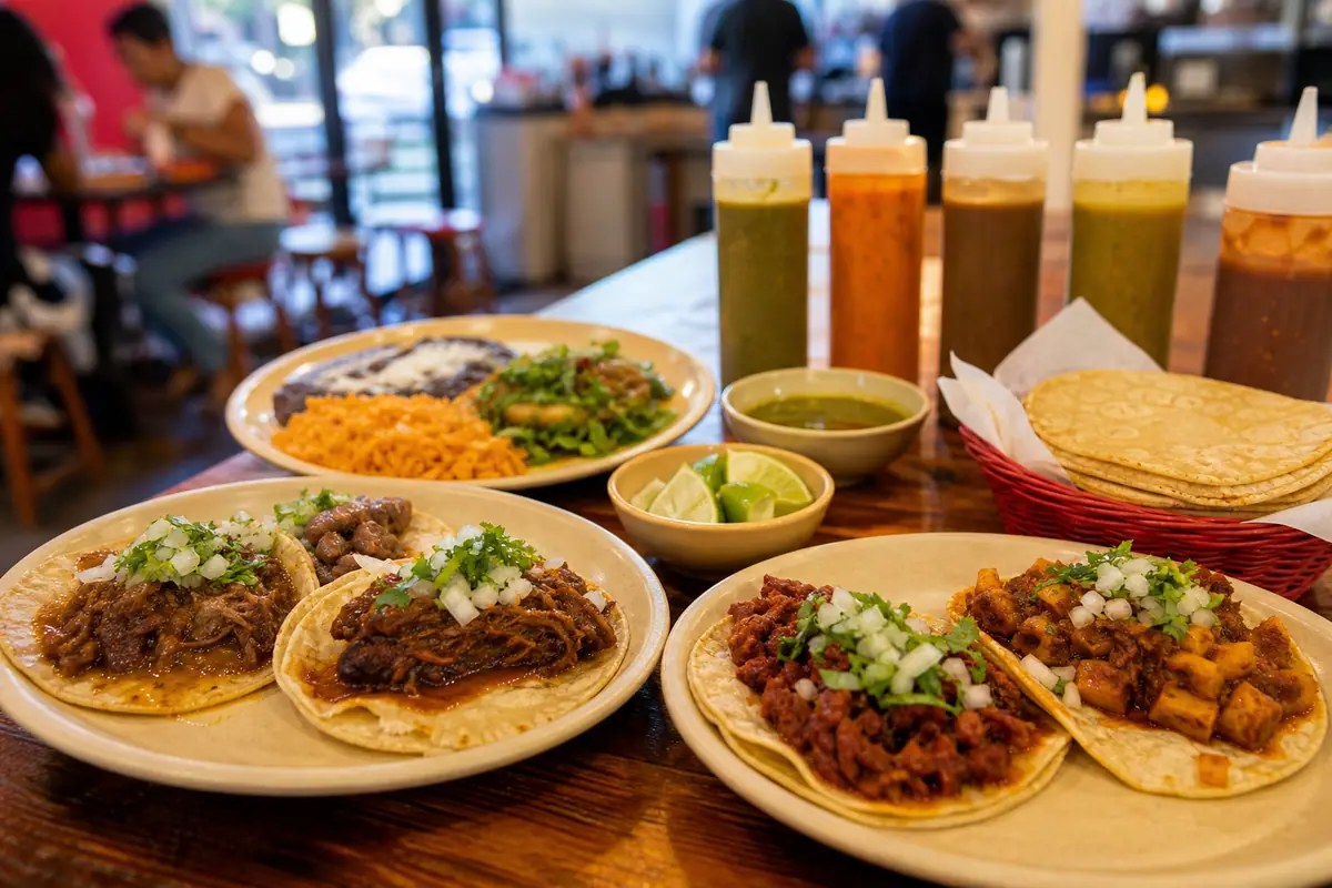 Photoreal Guisados taco plate scene in Los Angeles