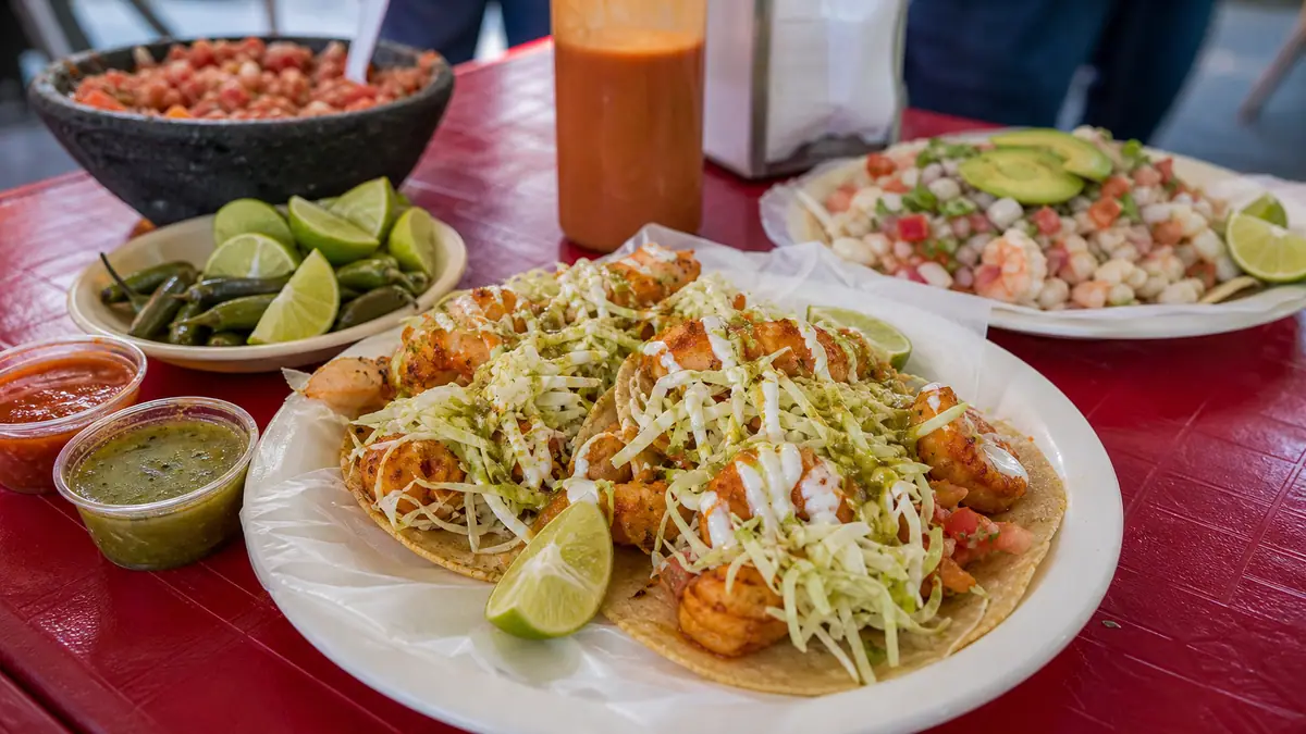 Photoreal Mariscos Jalisco taco scene in Los Angeles