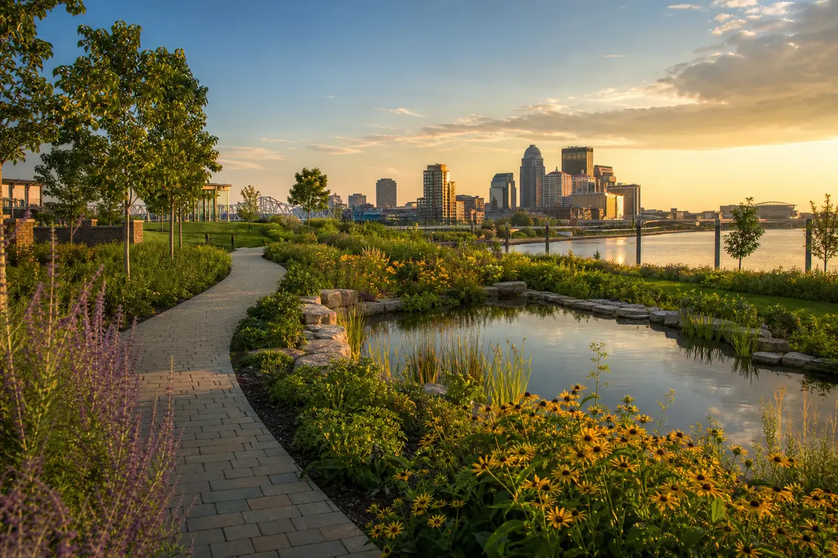 Photoreal landscaped paths at Louisville Waterfront Botanical Gardens