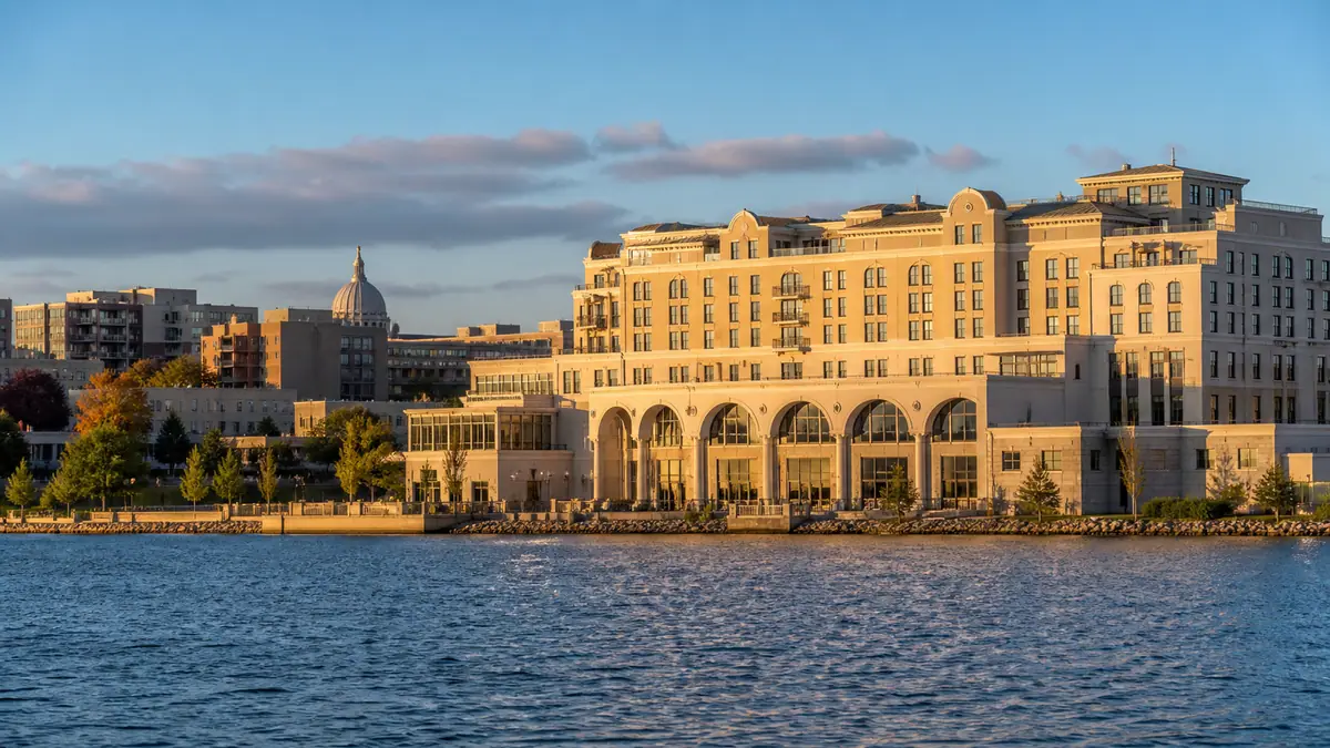 Photoreal travel-editorial view of The Edgewater in Madison, Wisconsin