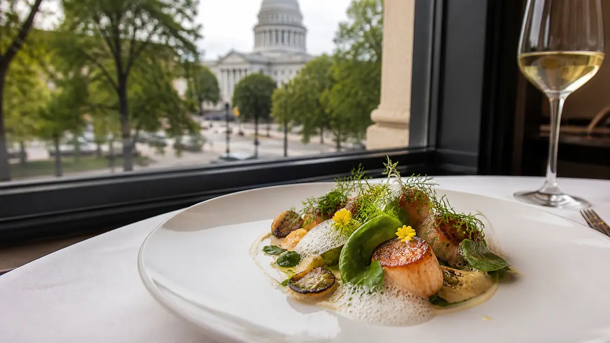 Photoreal travel-editorial view of L'Etoile in Madison, Wisconsin