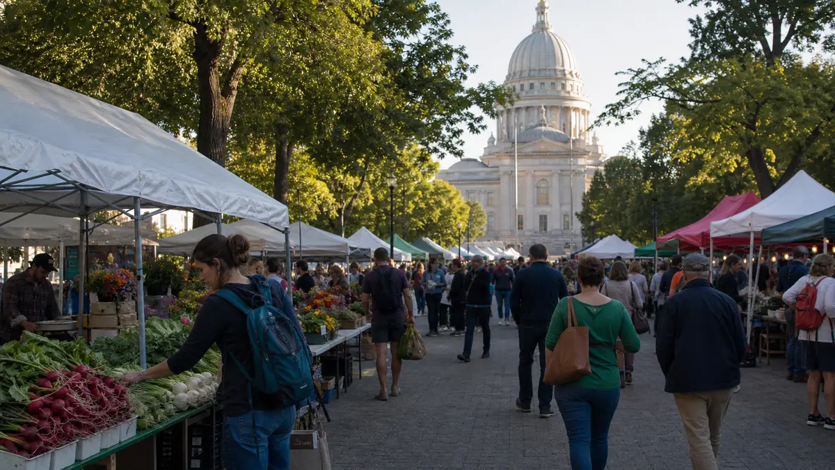Photoreal travel-editorial view of Dane County Farmers' Market in Madison, Wisconsin
