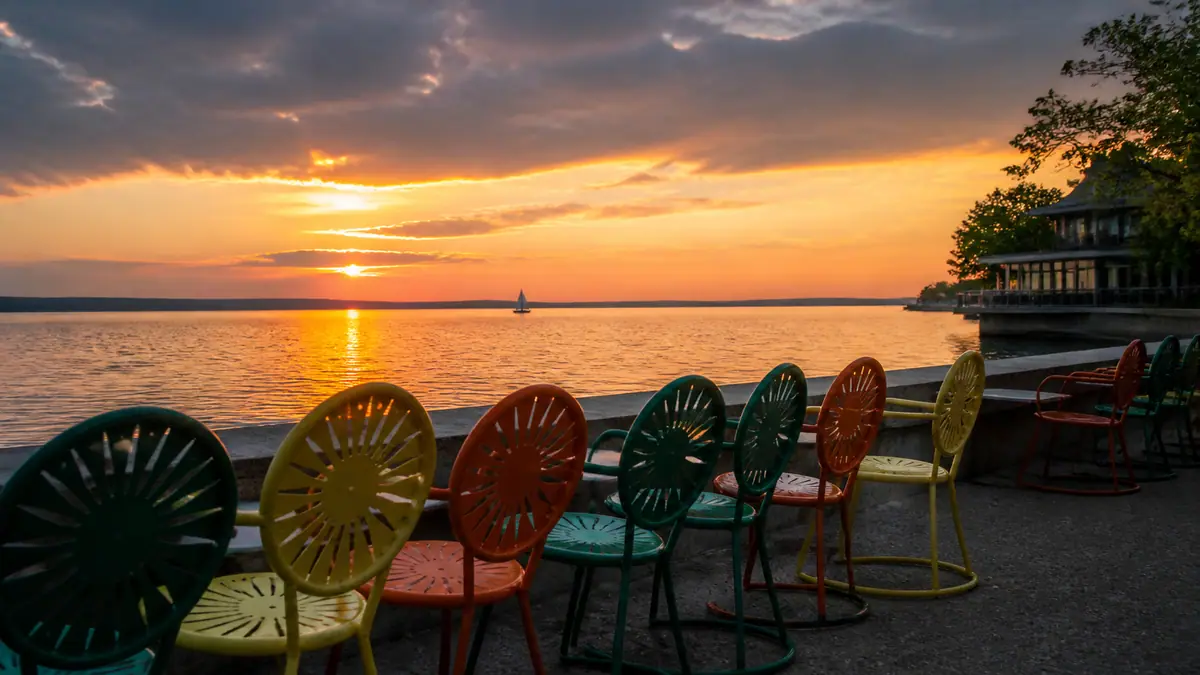 Photoreal travel-editorial view of Memorial Union Terrace in Madison, Wisconsin