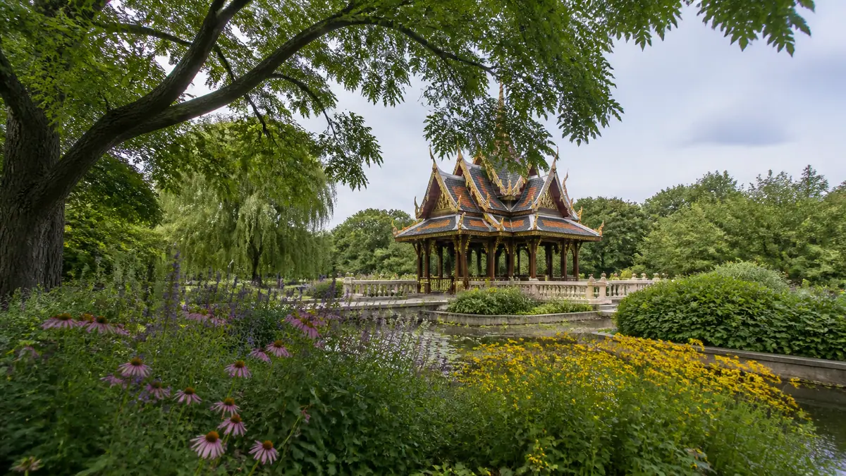 Photoreal travel-editorial view of Olbrich Botanical Gardens in Madison, Wisconsin