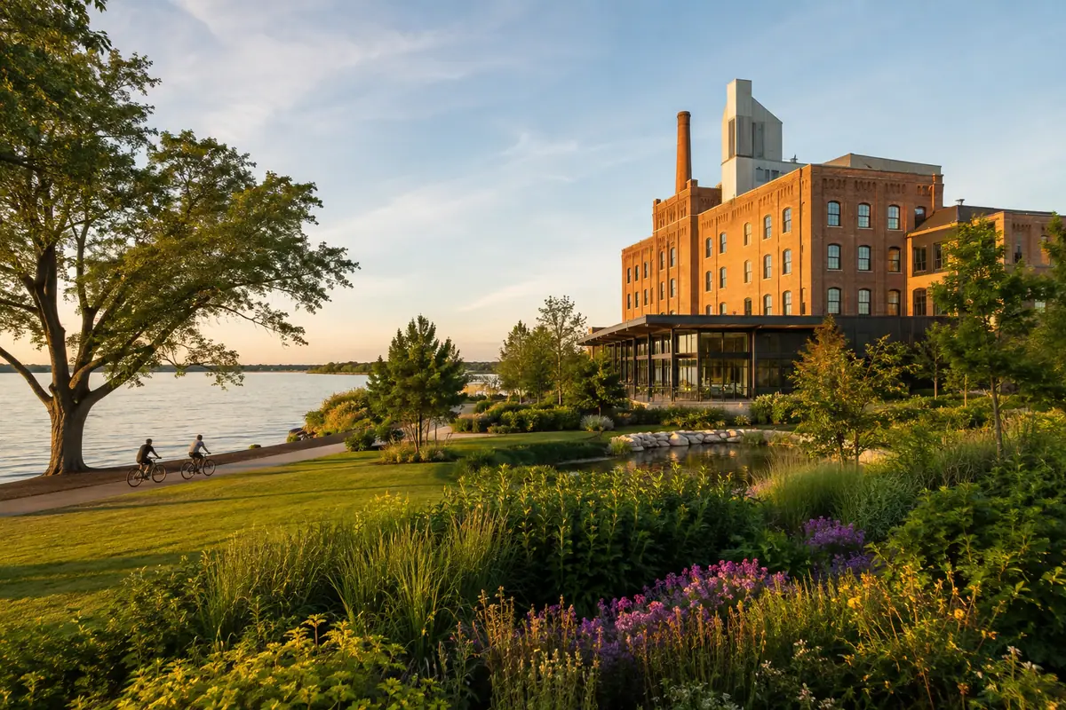 Photoreal restored Garver Feed Mill beside Olbrich Park in Madison