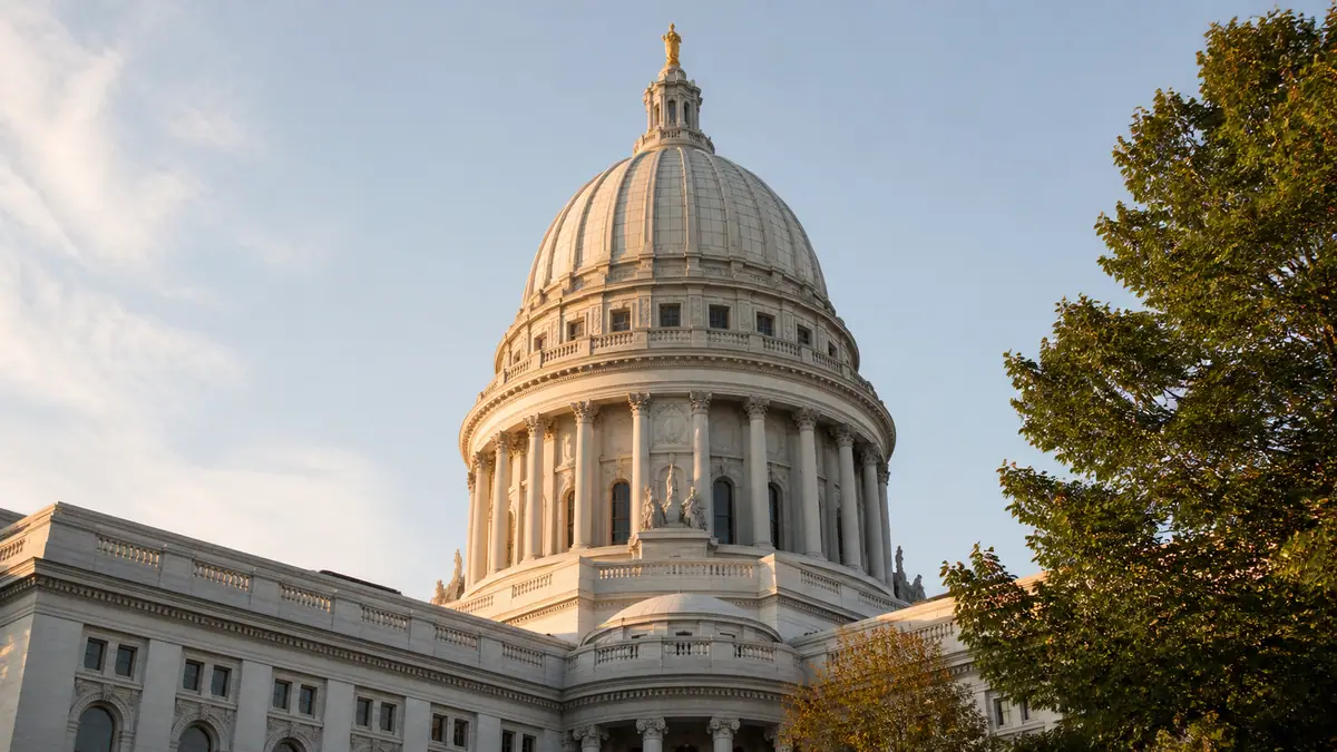Photoreal travel-editorial view of Wisconsin State Capitol in Madison, Wisconsin