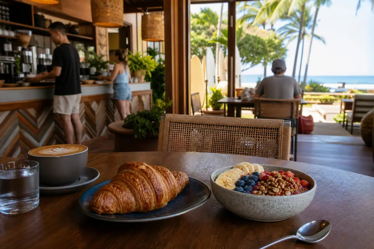 Photoreal coffee-and-breakfast scene representing Akamai Coffee Co. on Maui