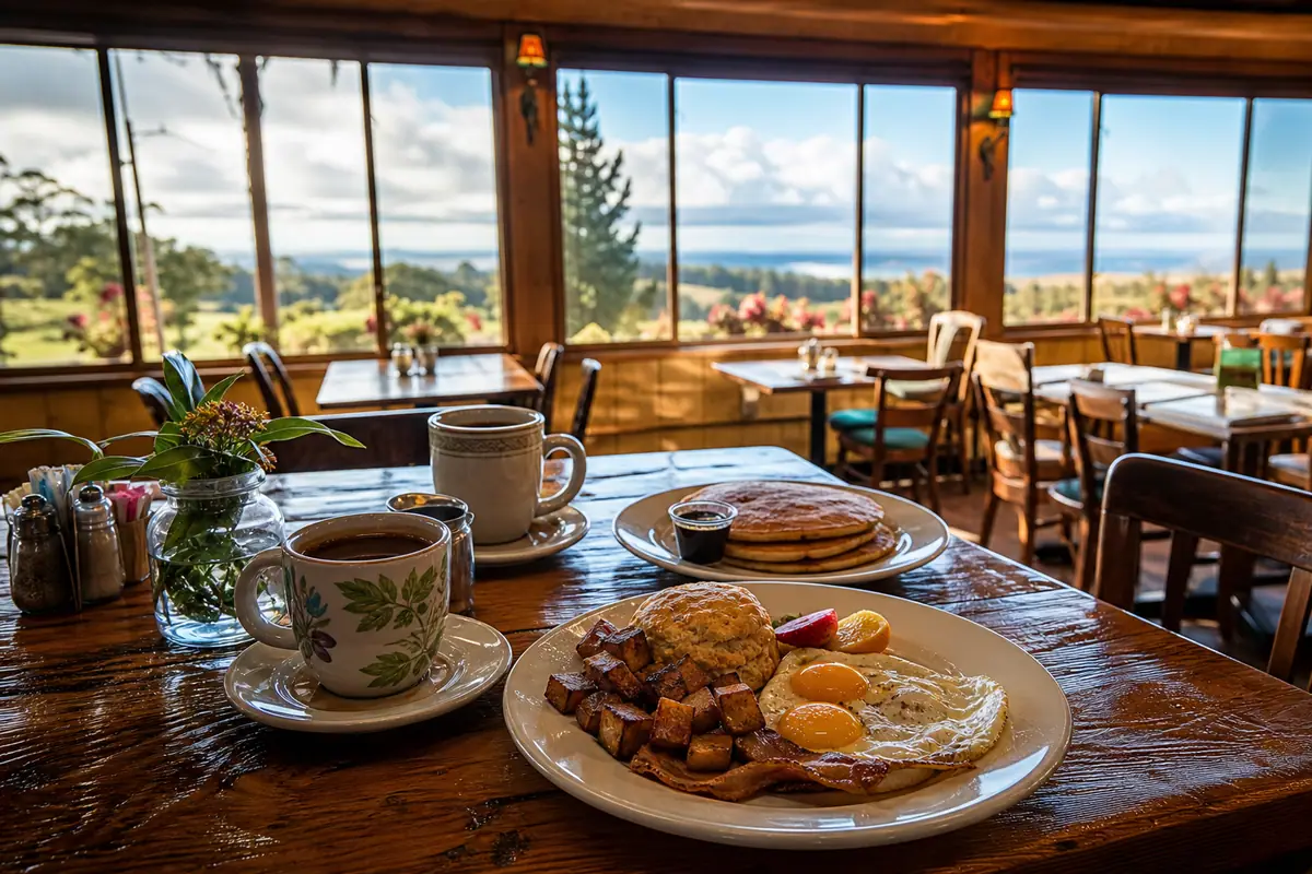 Photoreal breakfast and coffee scene representing Grandma's Coffee House on Maui