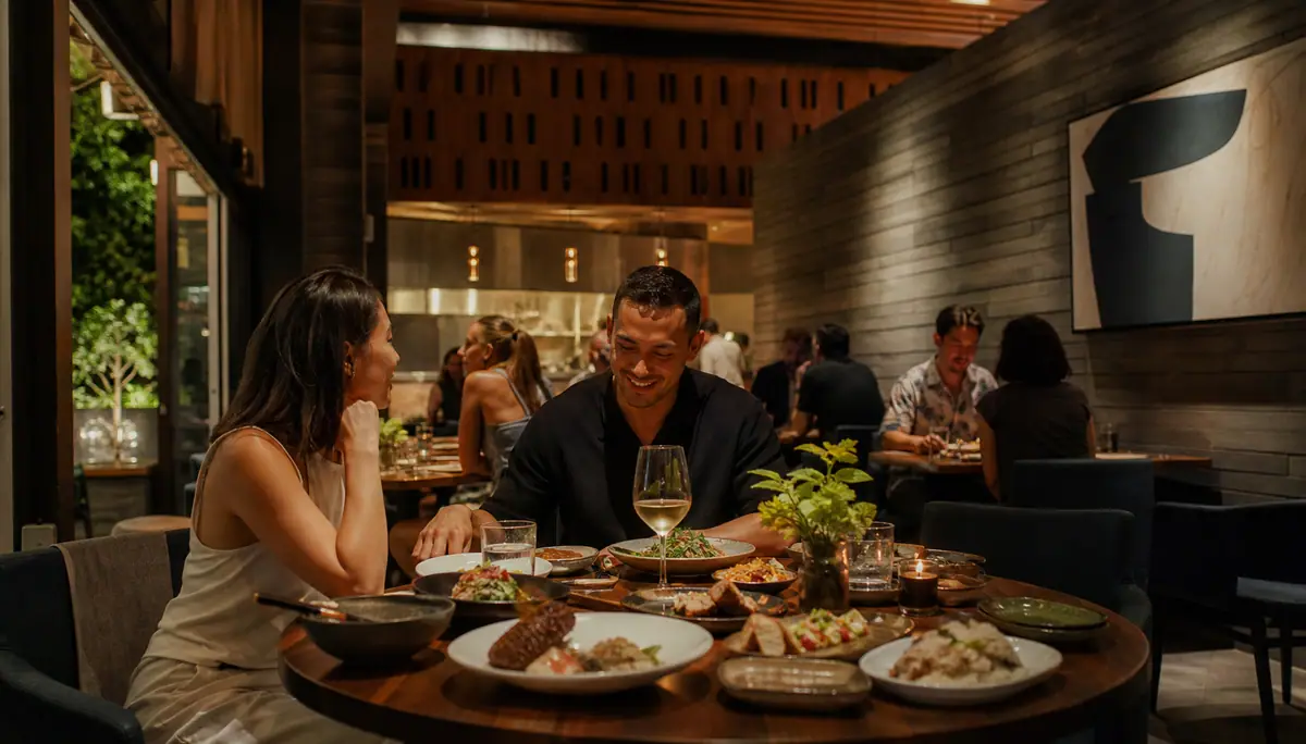 Photoreal modern dinner scene representing Lineage on Maui