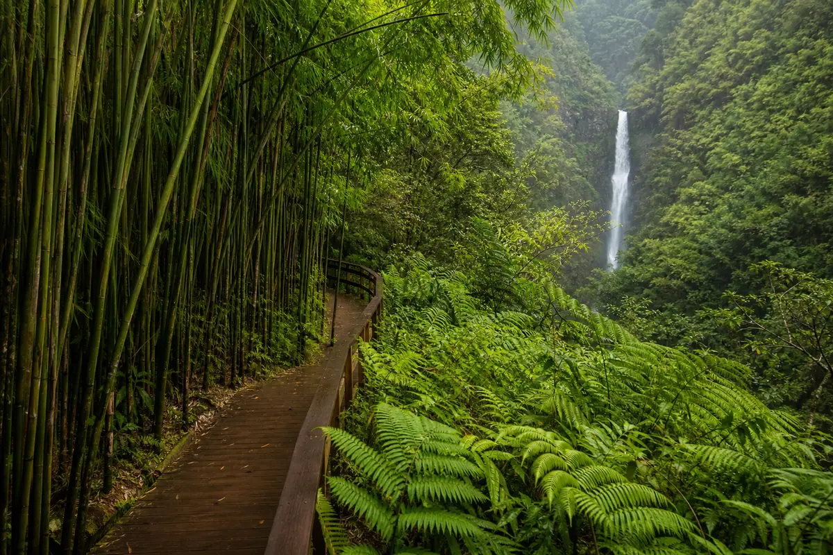 Photoreal bamboo forest boardwalk and waterfall mood on Maui's Pipiwai Trail