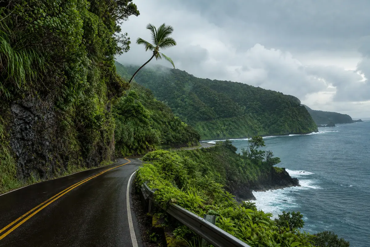 Photoreal Maui Road to Hana coastal curve with rainforest and ocean