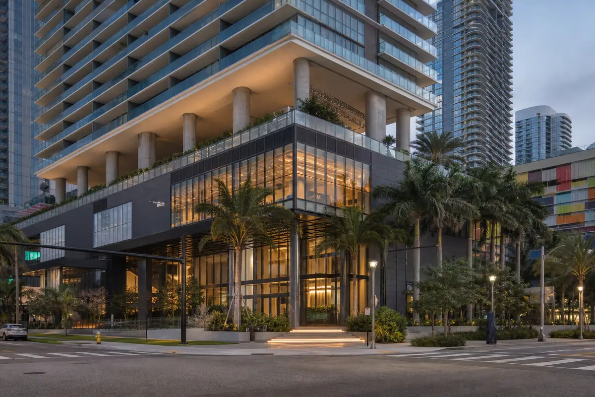 Photoreal exterior of EAST Miami in Brickell with modern skyline context