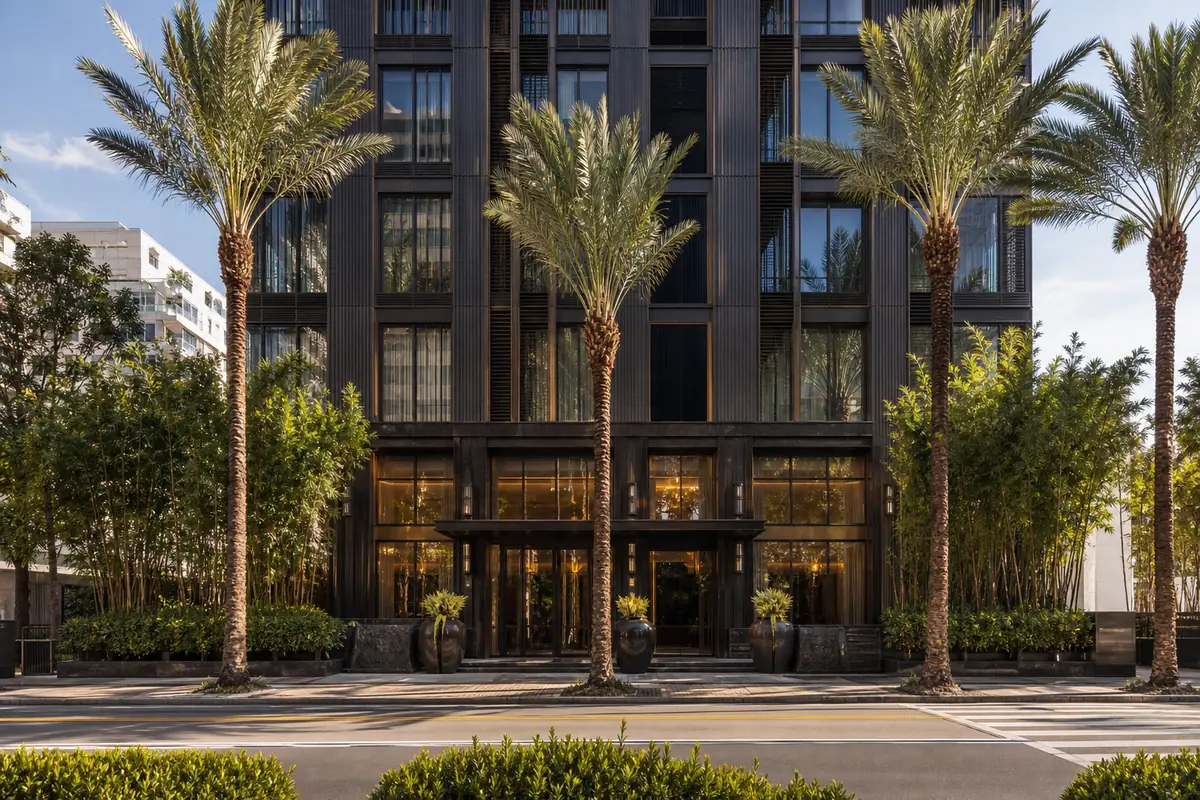Photoreal exterior of The Setai, Miami Beach with luxe beachfront atmosphere