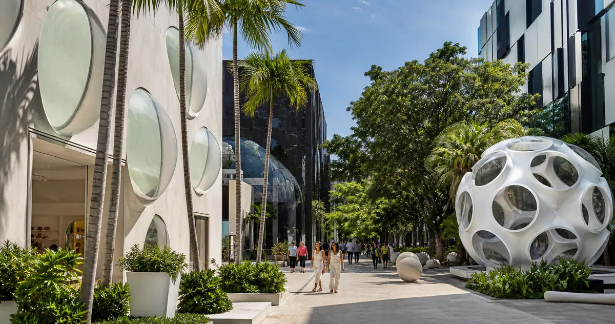 Photoreal Miami Design District luxury streetscape in daylight