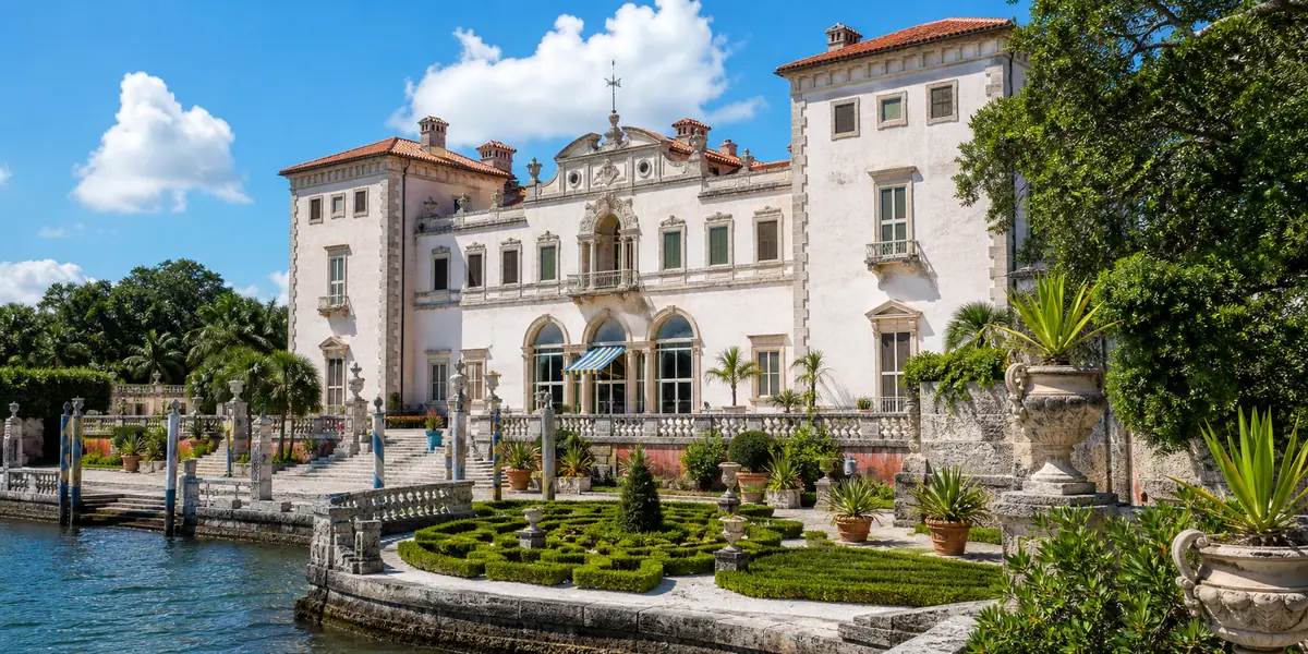 Photoreal Vizcaya Museum and Gardens bayfront estate scene in Miami daylight