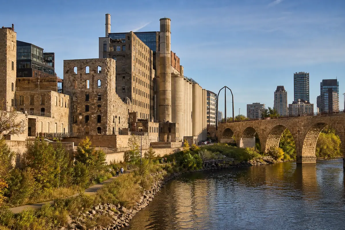 Photoreal view of Mill City Museum and Stone Arch Bridge in Minneapolis