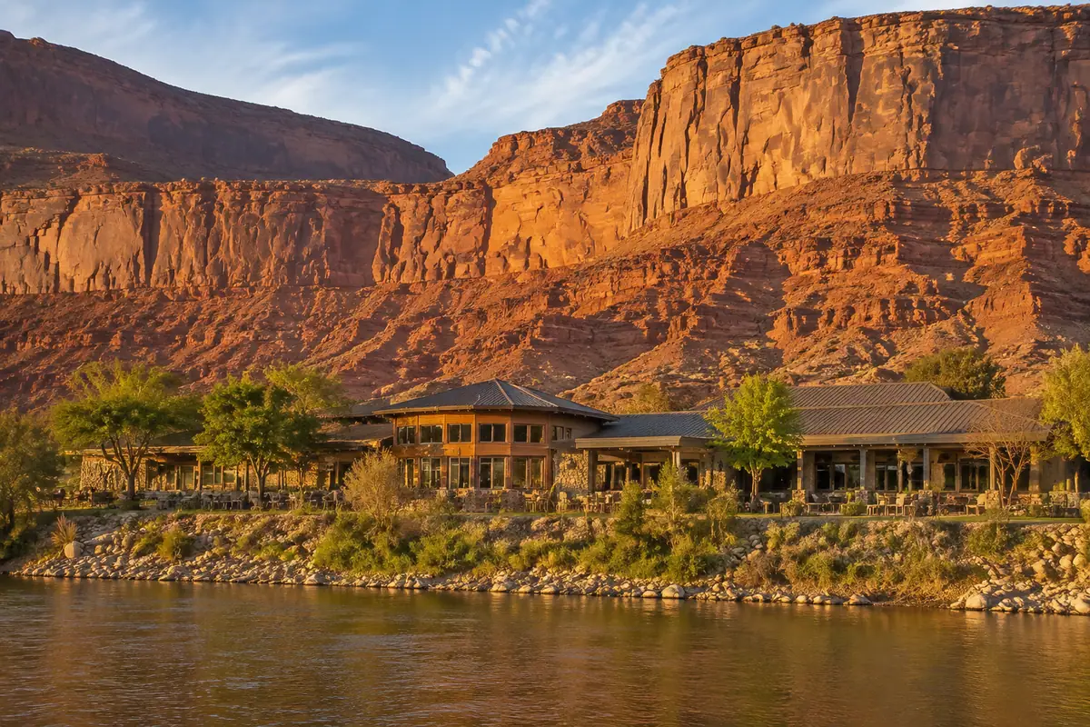 Photoreal travel-editorial view of Red Cliffs Lodge Moab in Moab, Utah