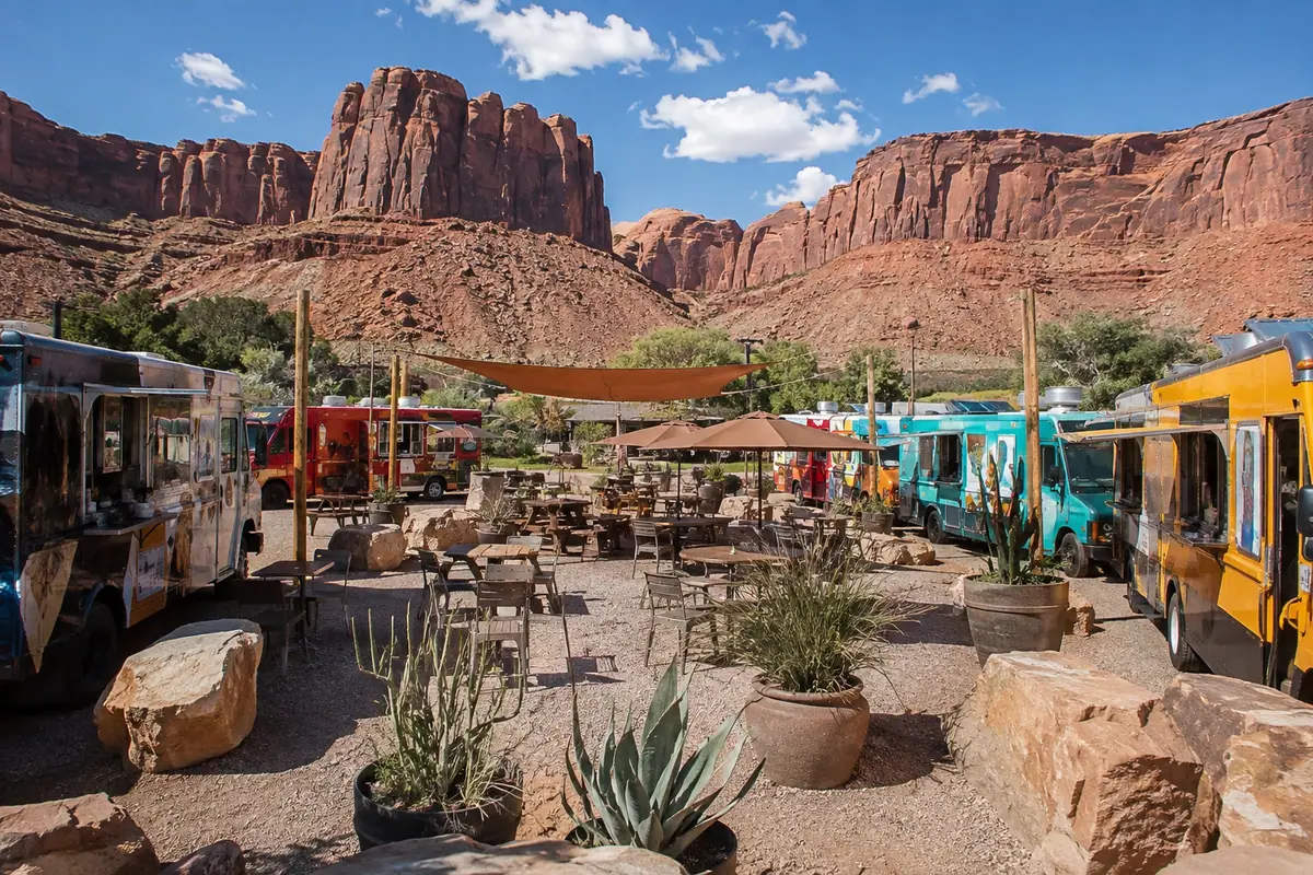Photoreal travel-editorial view of Moab Food Truck Park in Moab, Utah
