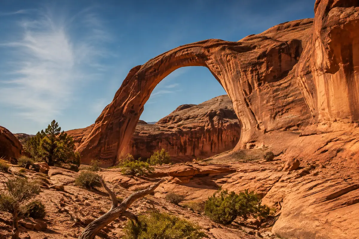 Photoreal travel-editorial view of Corona Arch Trail in Moab, Utah