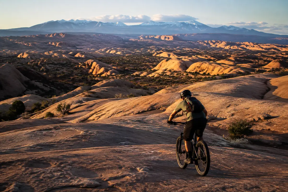 Photoreal travel-editorial view of Slickrock Bike Trail in Moab, Utah