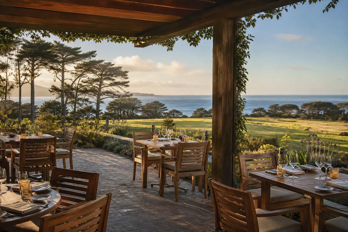 Photoreal dining scene representing Mission Ranch Restaurant in Monterey