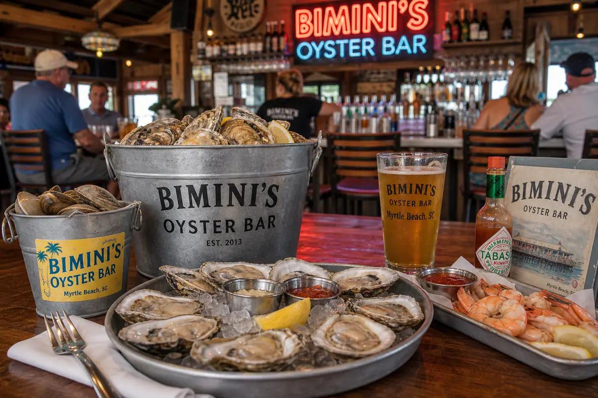 Photoreal oyster bar table scene representing Bimini's Oyster Bar in Myrtle Beach