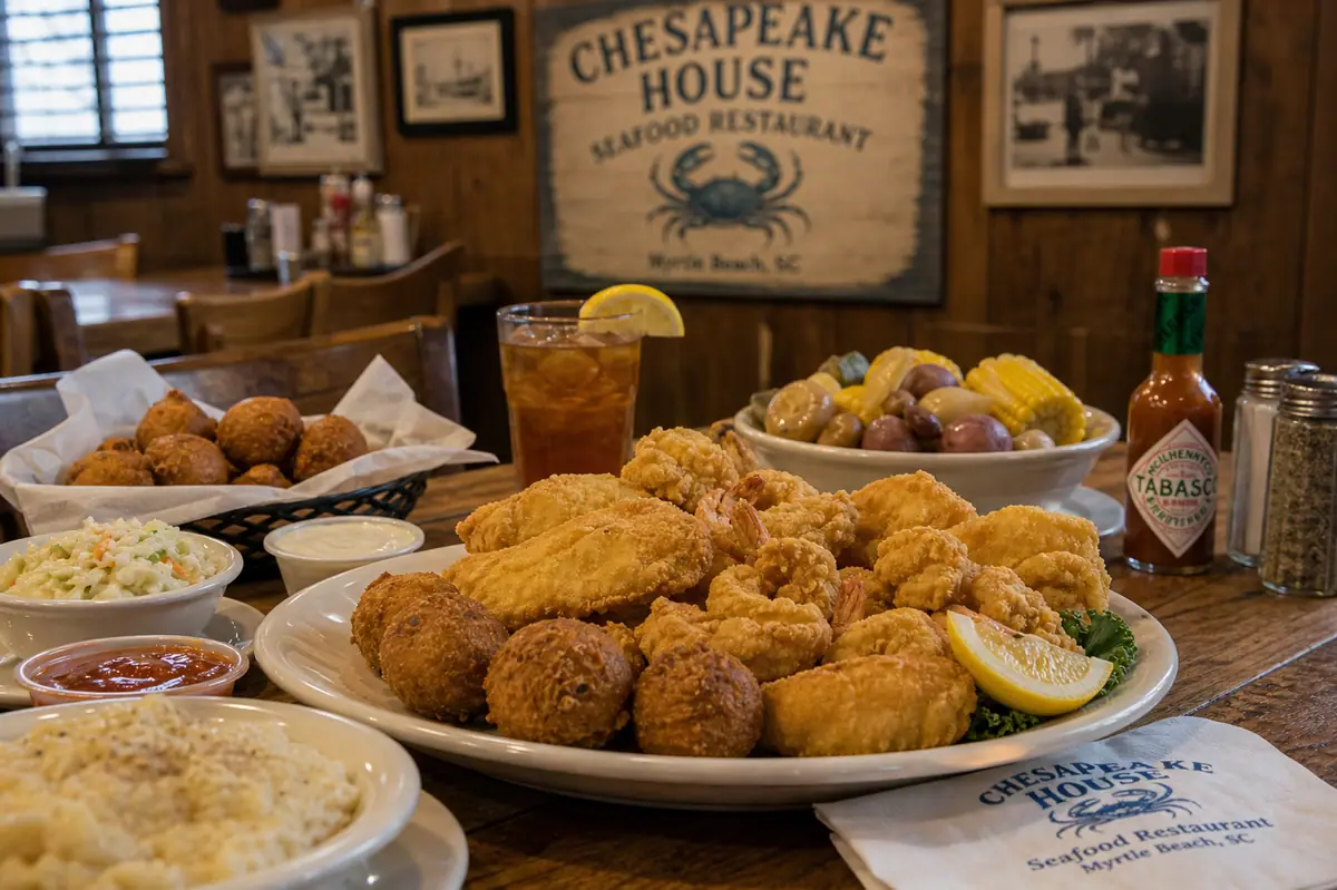 Photoreal classic seafood-house dinner scene representing Chesapeake House in Myrtle Beach