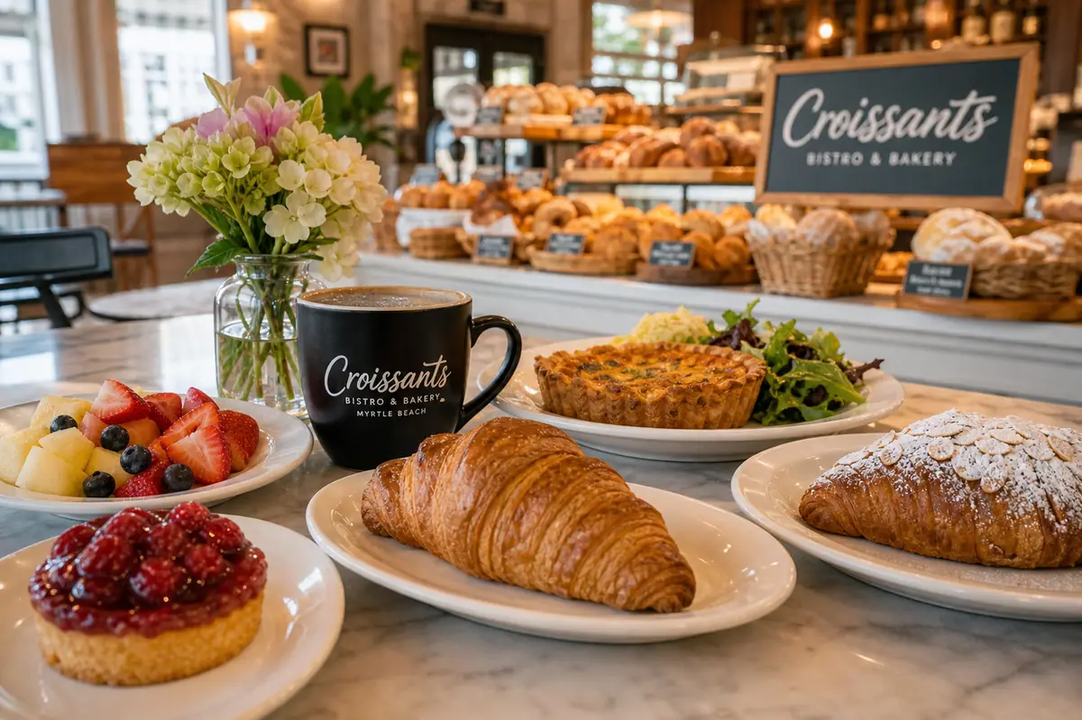 Photoreal bakery brunch scene representing Croissants Bistro & Bakery in Myrtle Beach