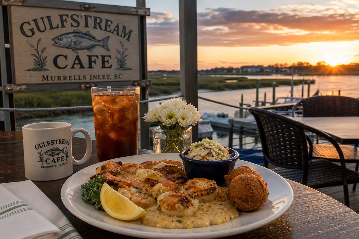 Photoreal waterfront dining scene representing Gulfstream Cafe near Myrtle Beach