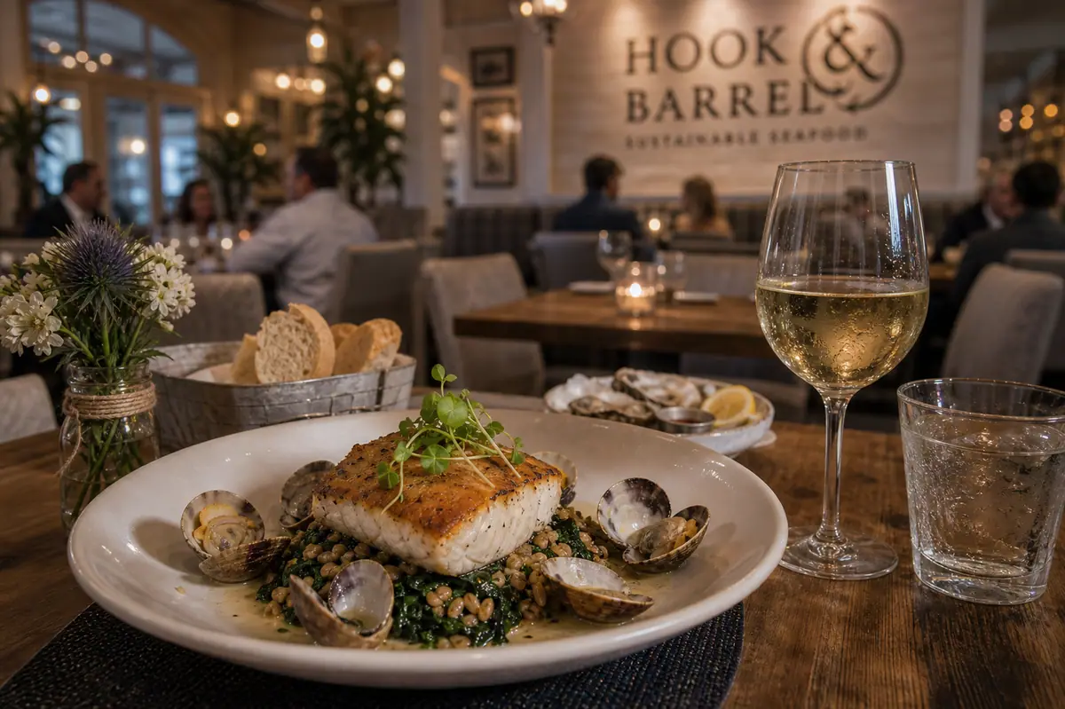 Photoreal refined seafood plate representing Hook & Barrel in Myrtle Beach