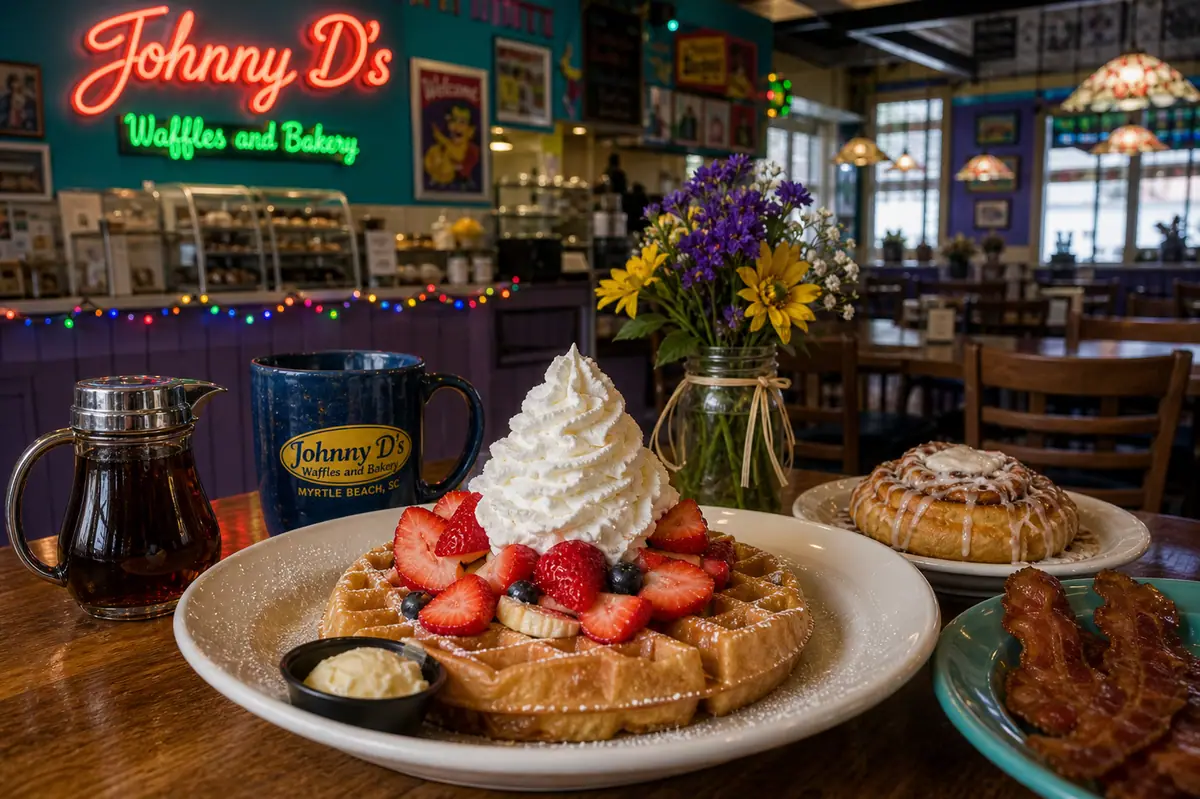 Photoreal waffles and pastries scene representing Johnny D's Waffles and Bakery in Myrtle Beach