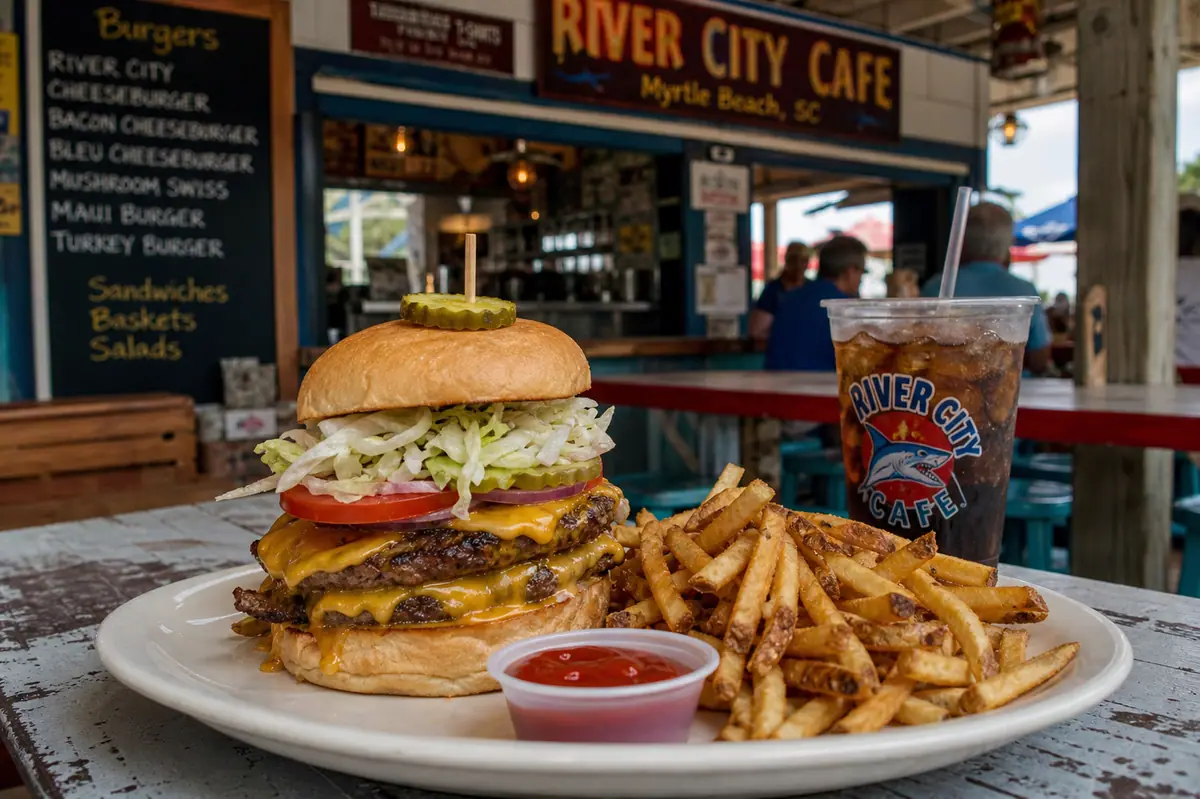 Photoreal burger-and-fries scene representing River City Cafe in Myrtle Beach