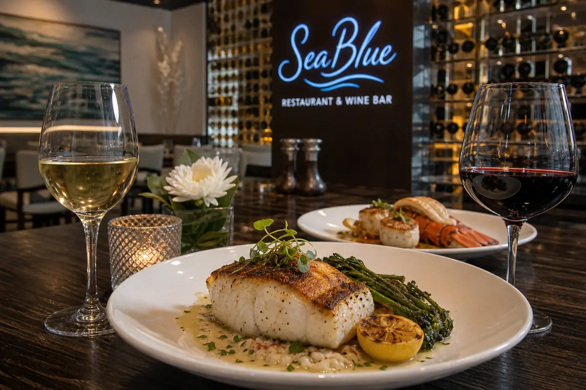 Photoreal refined seafood and wine scene representing SeaBlue Restaurant & Wine Bar in Myrtle Beach