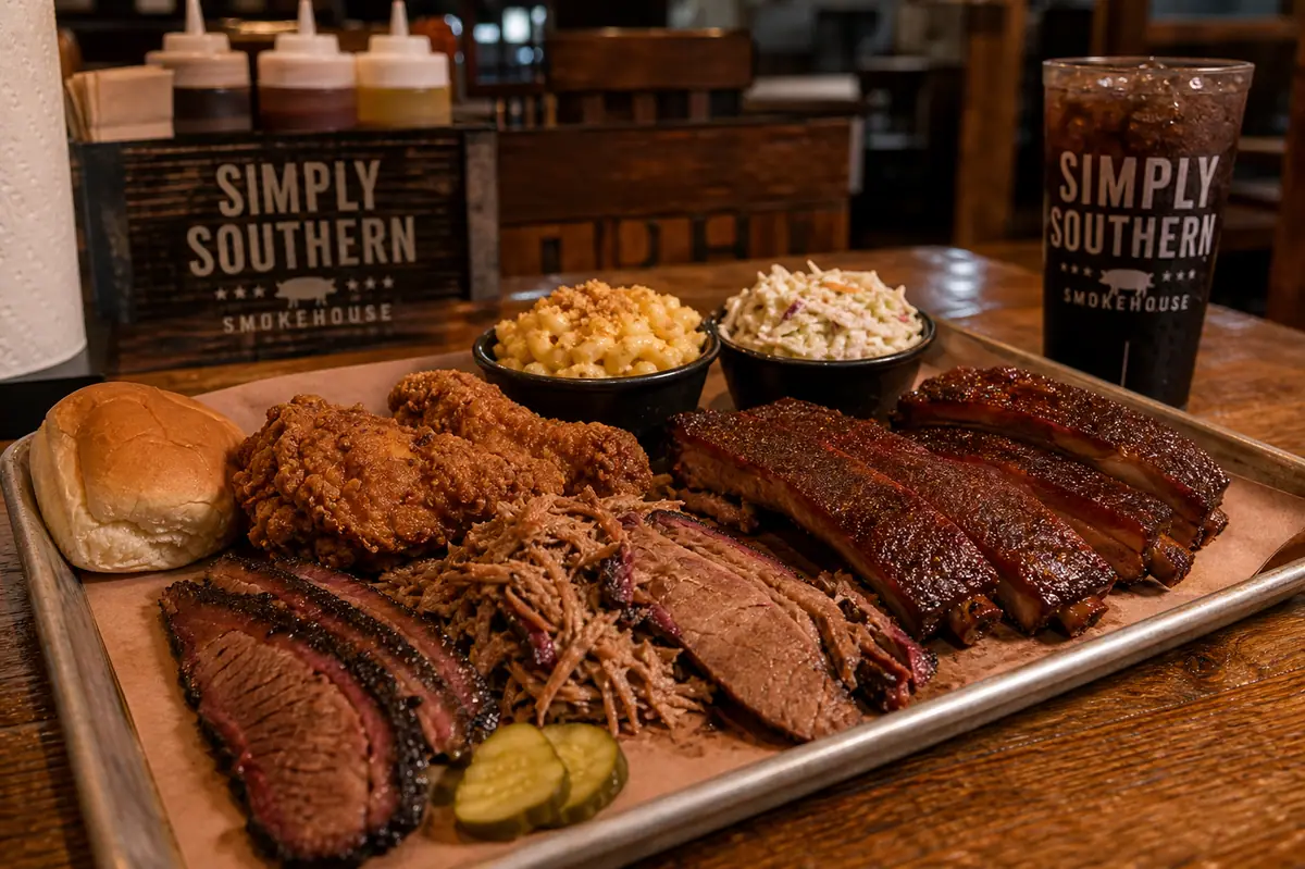 Photoreal Southern smokehouse comfort-food scene representing Simply Southern Smokehouse in Myrtle Beach