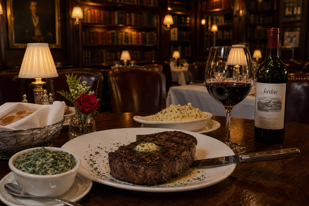 Photoreal elegant steakhouse scene representing The Library Restaurant in Myrtle Beach