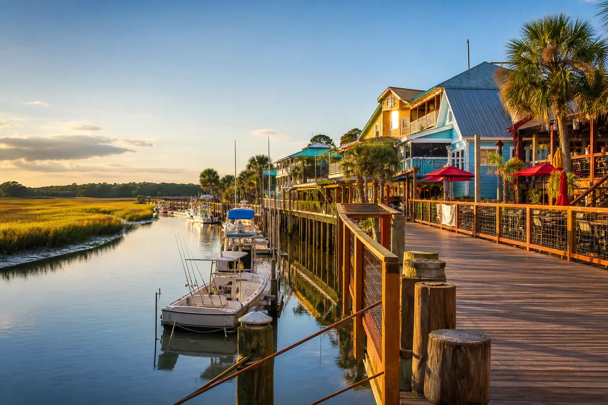 Photoreal Murrells Inlet MarshWalk boardwalk with marsh water, boats, and coastal restaurants at golden hour