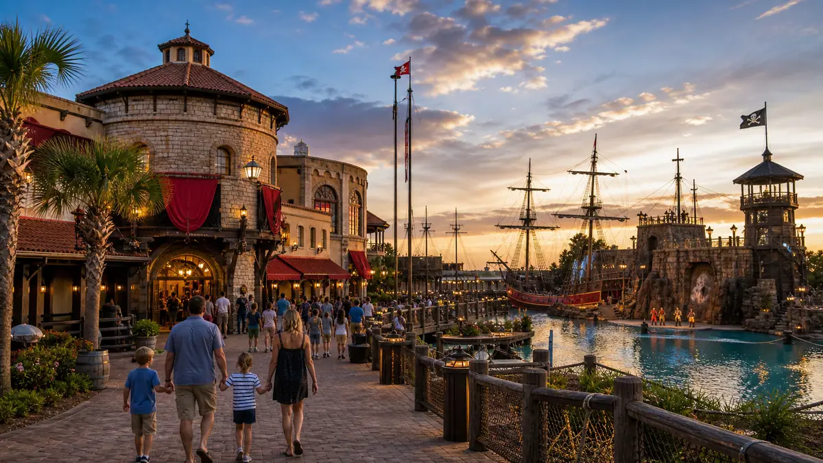 Photoreal Pirates Voyage Dinner and Show waterfront theater scene in Myrtle Beach at golden hour